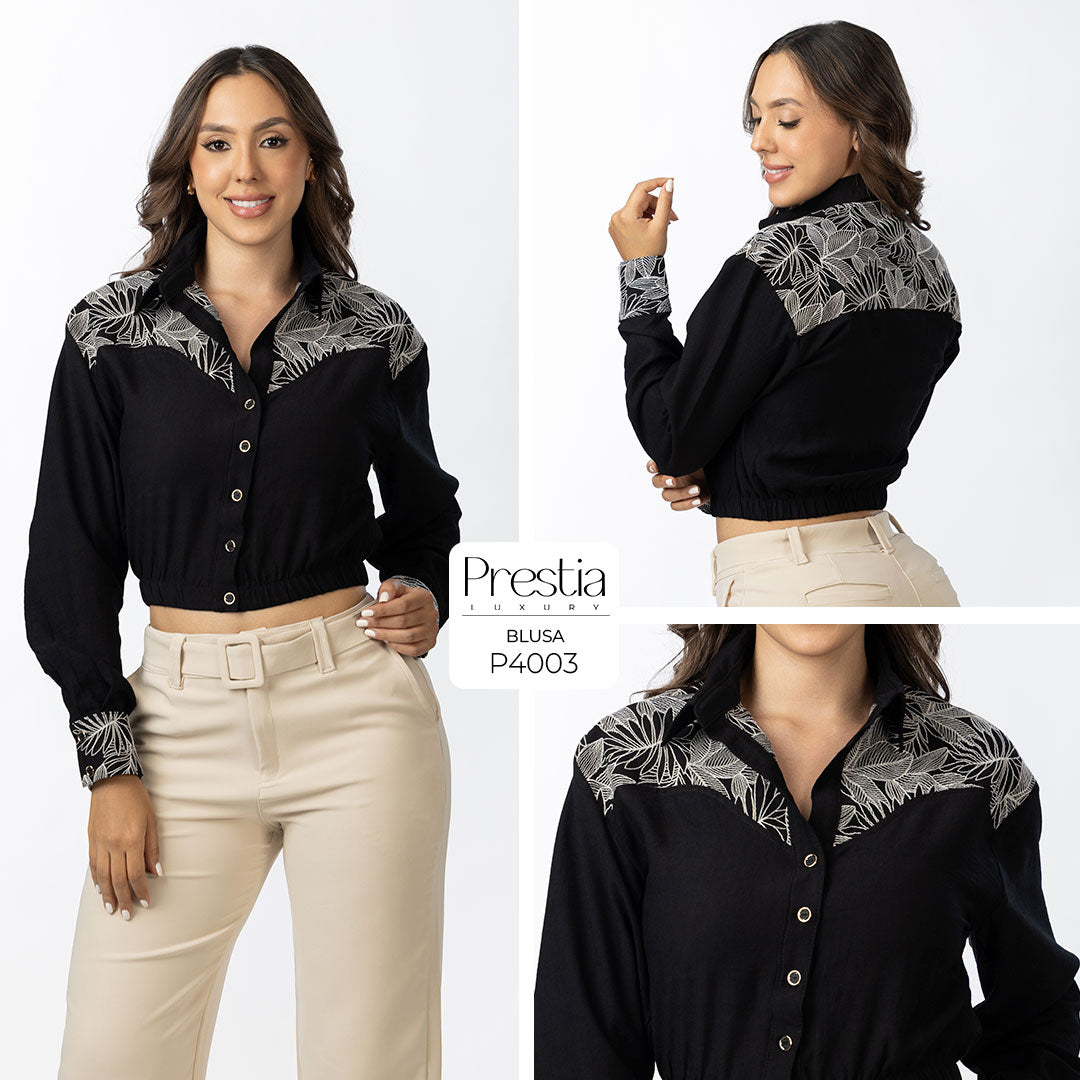 P4003 CAMISA LINO BORDADO NEGRO