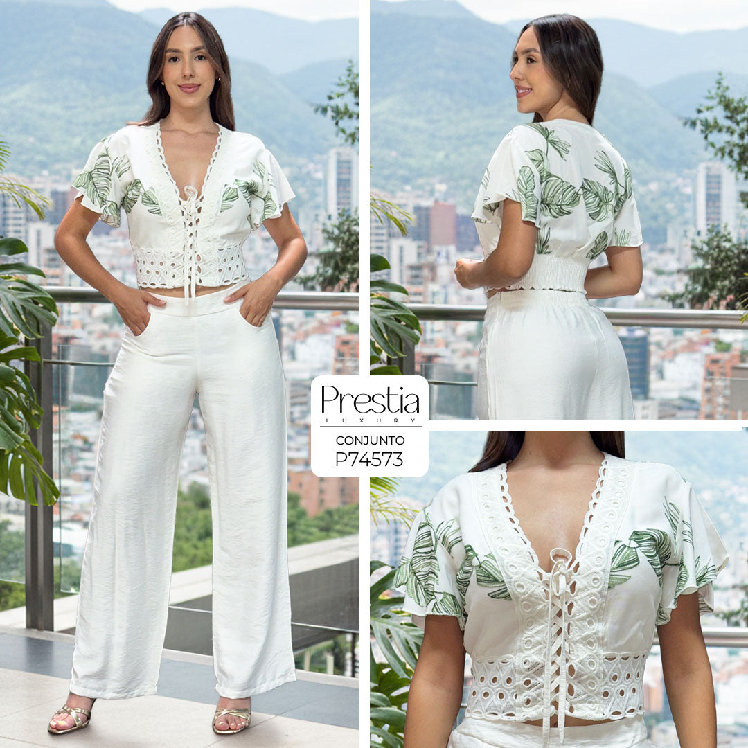 P74573 CONJUNTO LINO POLIESTER SEMILLA MARFIL ESTAMPADO