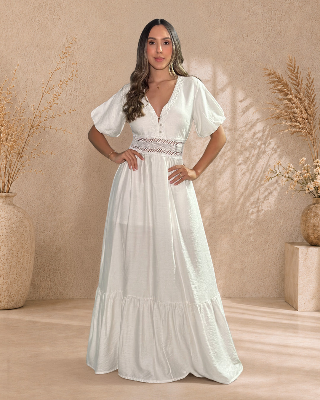 P74696 VESTIDO LINO POLIESTER MARFIL