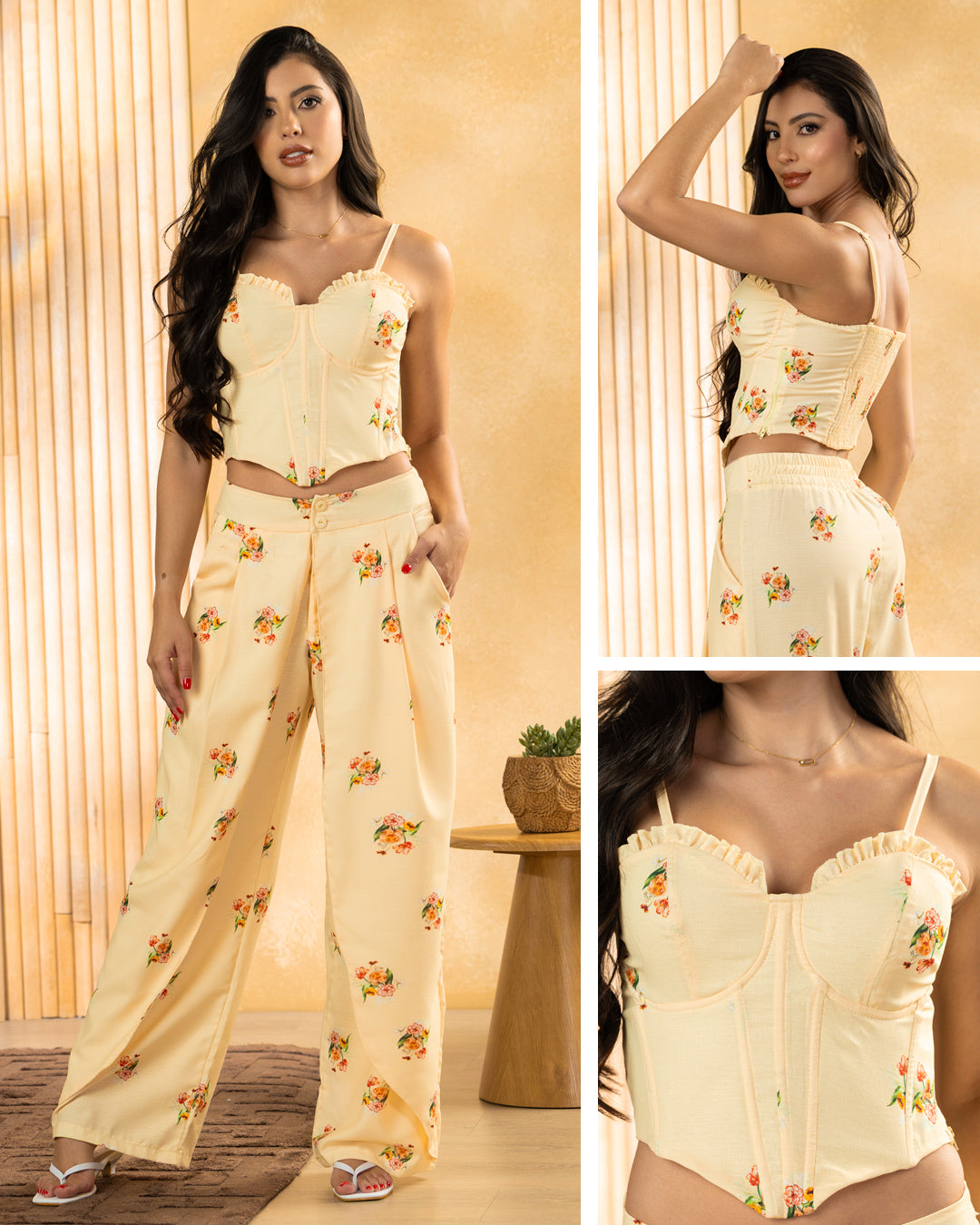 P74746 CONJUNTO LINO ESTAMPADO AMARILLO