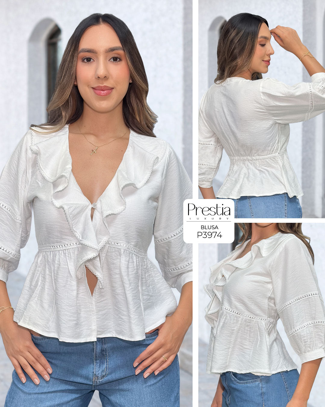 P3974 BLUSA LINO POLIESTER MARFIL