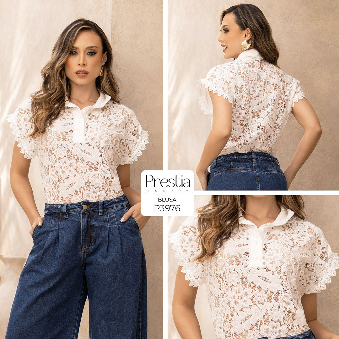 P3976 BLUSA BLONDA Y POPELINA MARFIL