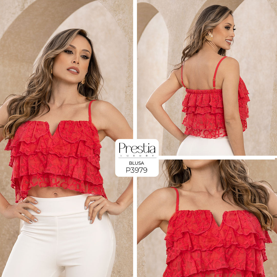 P3979 BLUSA TULL BORDADO ROJO