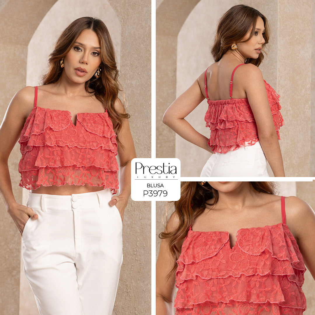 P3979 BLUSA TULL BORDADO CORAL CLARO