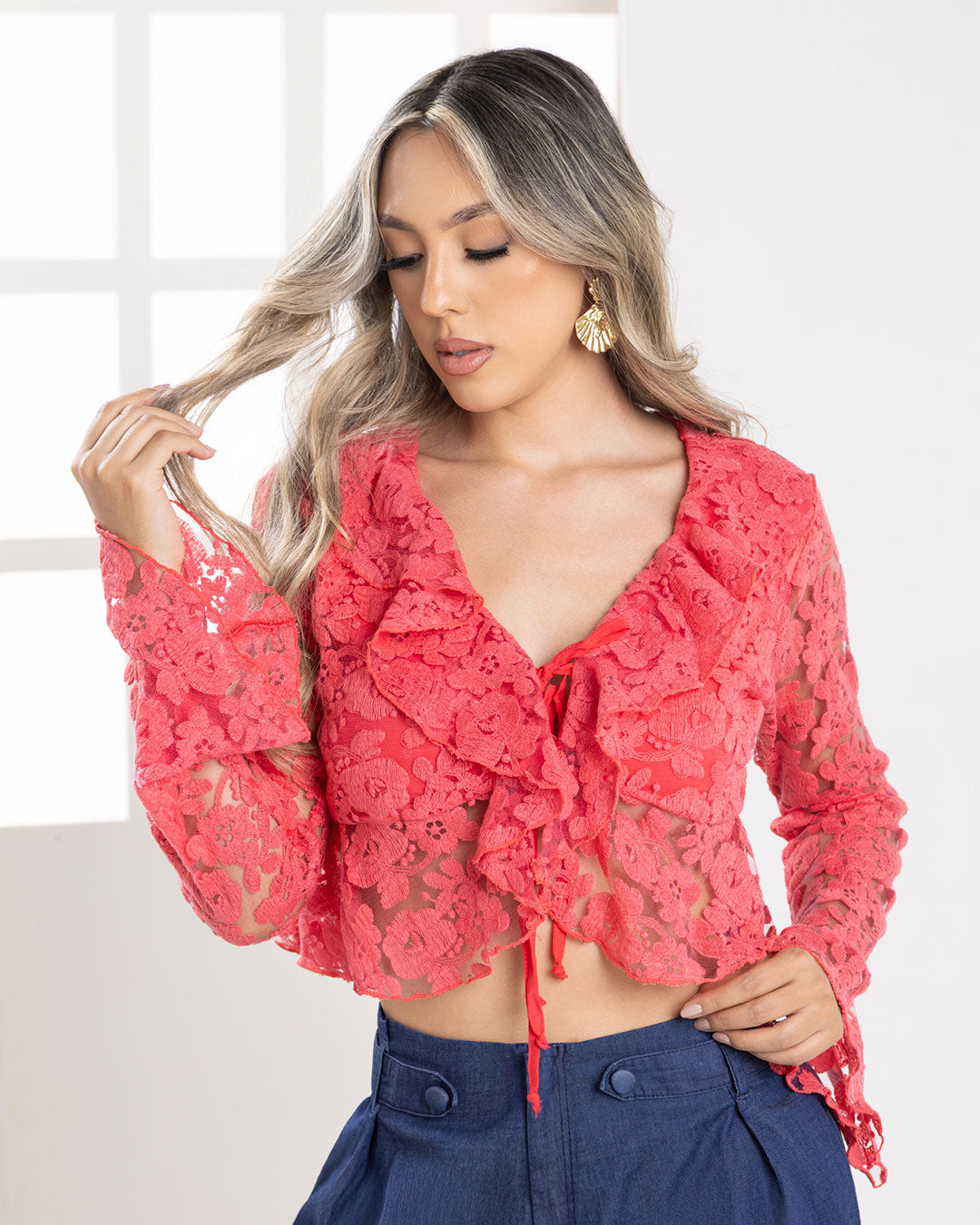 P3988 BLUSA MALLA BORDADA CORAL CLARO