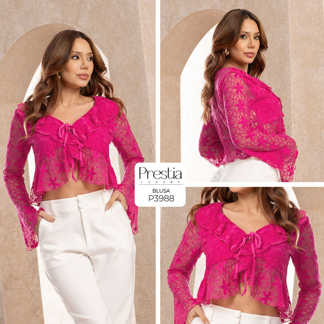 P3988 BLUSA MALLA BORDADA FUCSIA