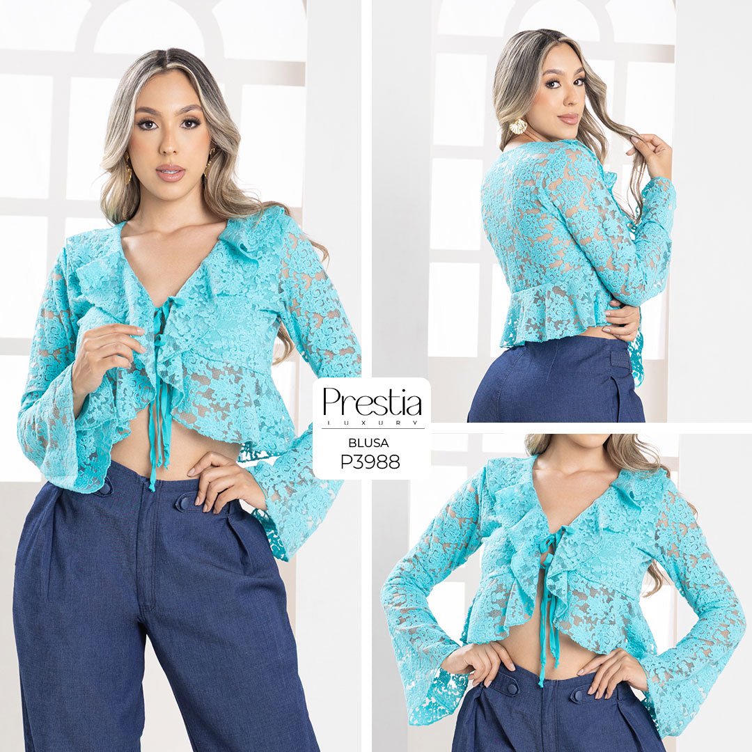 P3988 BLUSA MALLA BORDADA VERDE OSCURO