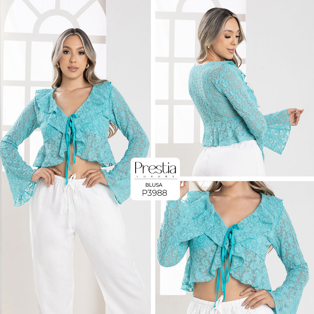 P3988 BLUSA MALLA BORDADA VERDE MEDIO