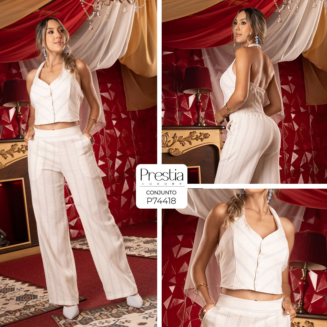 P74418 CONJUNTO TEPIC ART BEIGE RAYAS AZULES