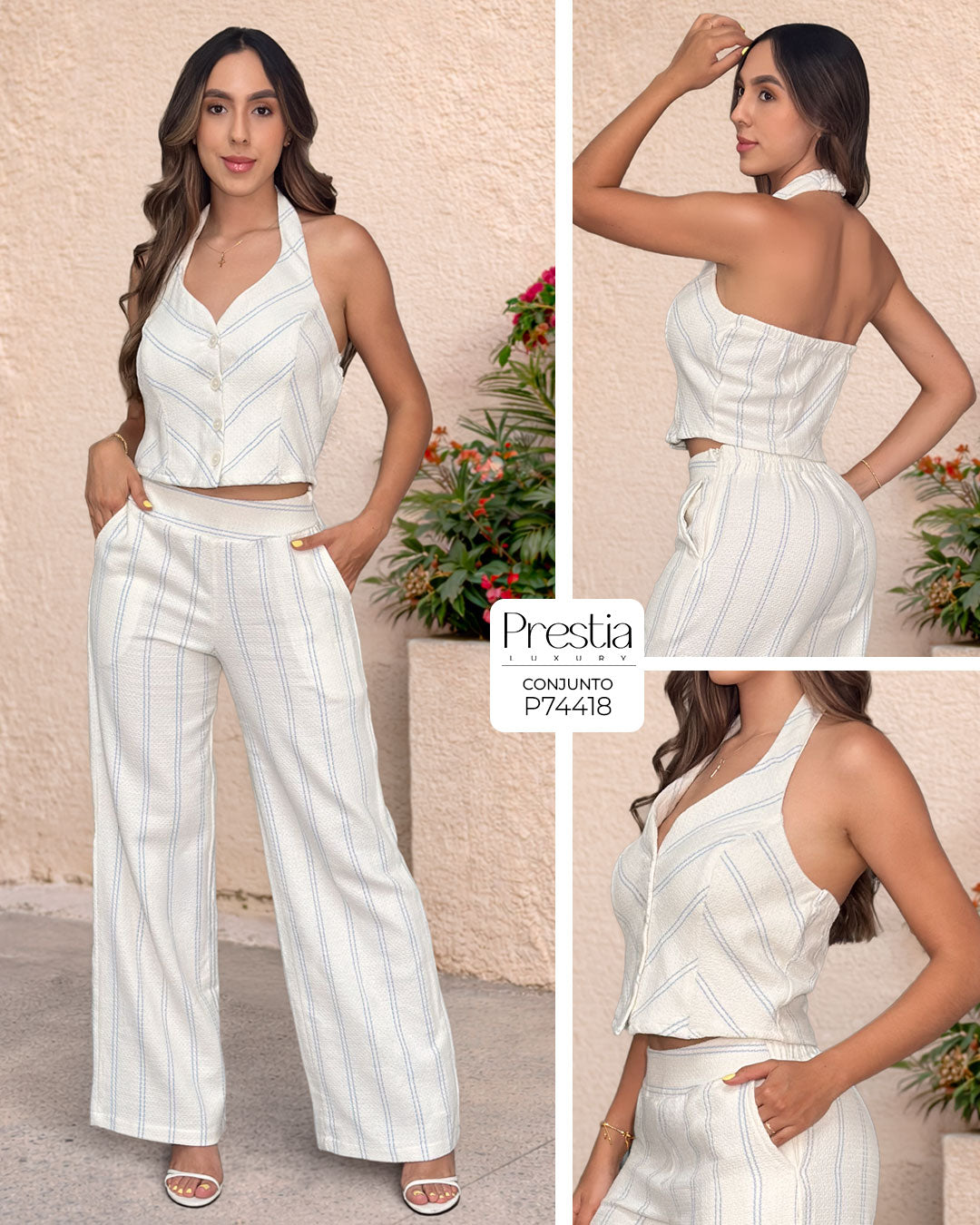 P74418 CONJUNTO TEPIC ART BEIGE RAYAS AZULES