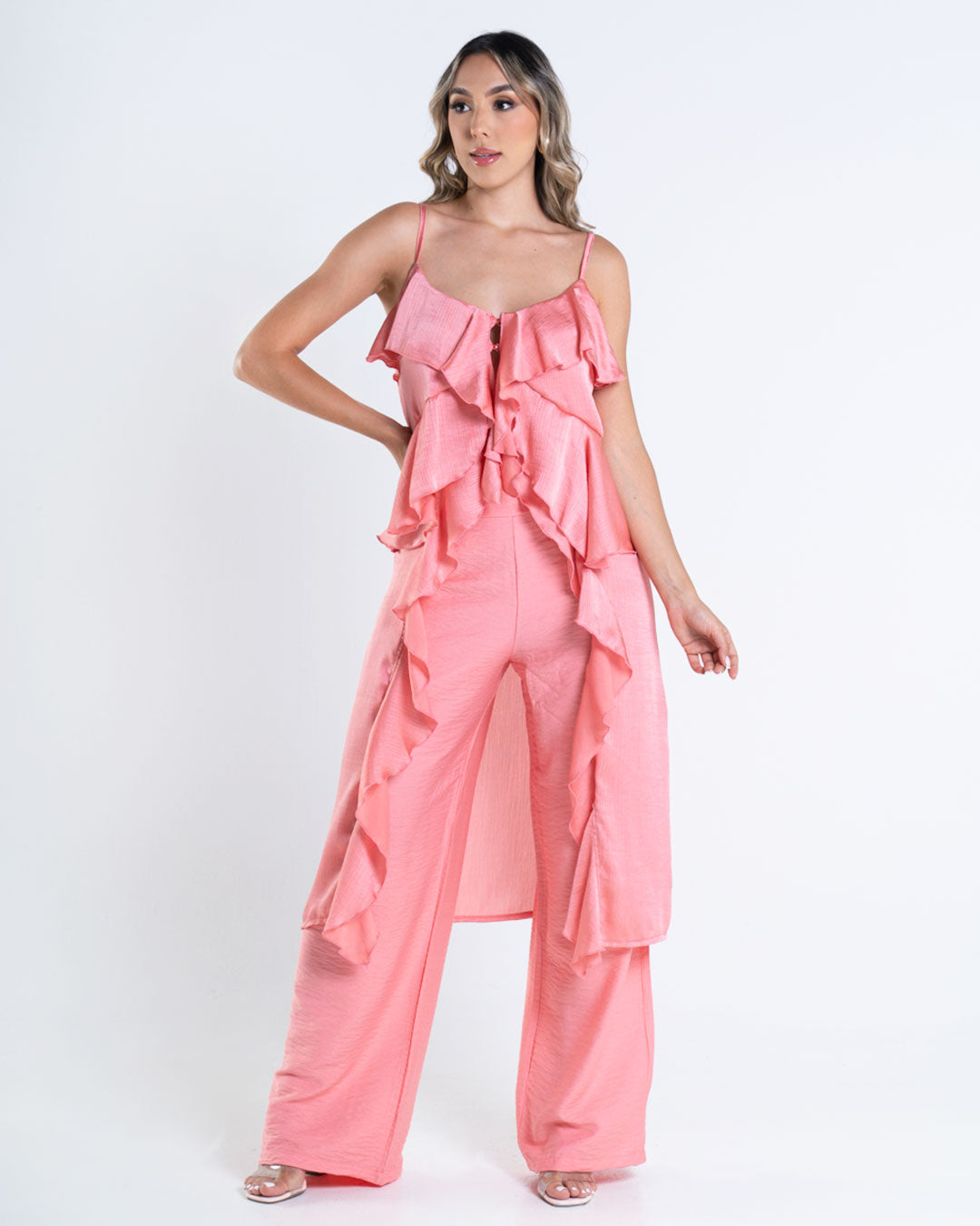 P74422 CONJUNTO LINO POLIESTER Y SATIN CRAQUELADO CORAL