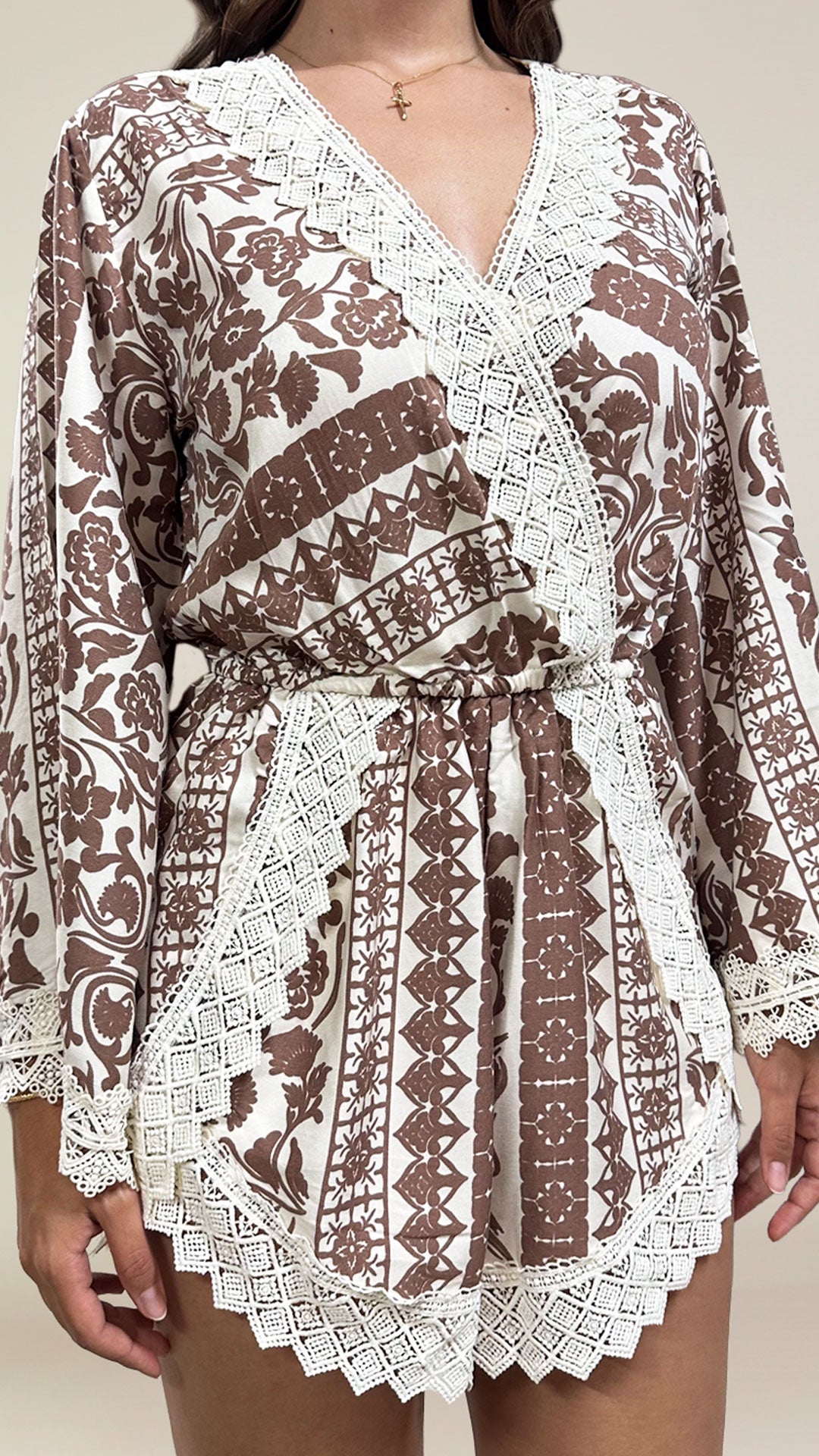 P74438 ENTERIZO LINO ESTAMPADO CAFE