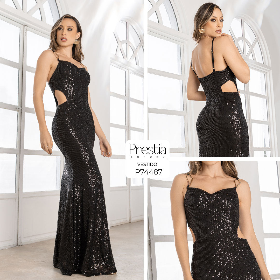 P74487 VESTIDO MALLA LENTEJUELAS NEGRO