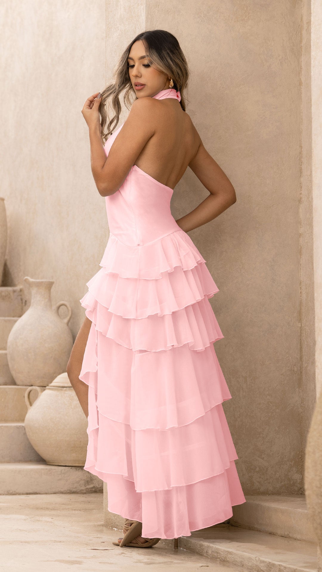 P74511 VESTIDO CHIFON PALO DE ROSA