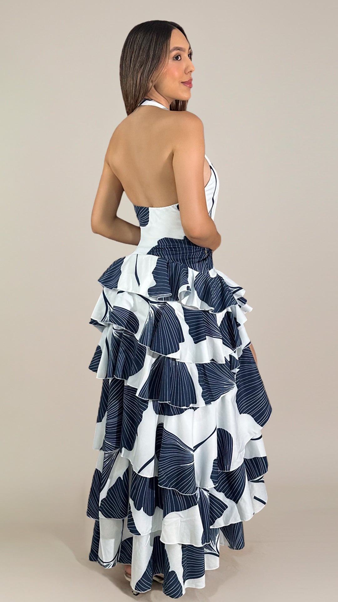 P74519 VESTIDO FALSO CHALIS ESTAMPADO MARFIL