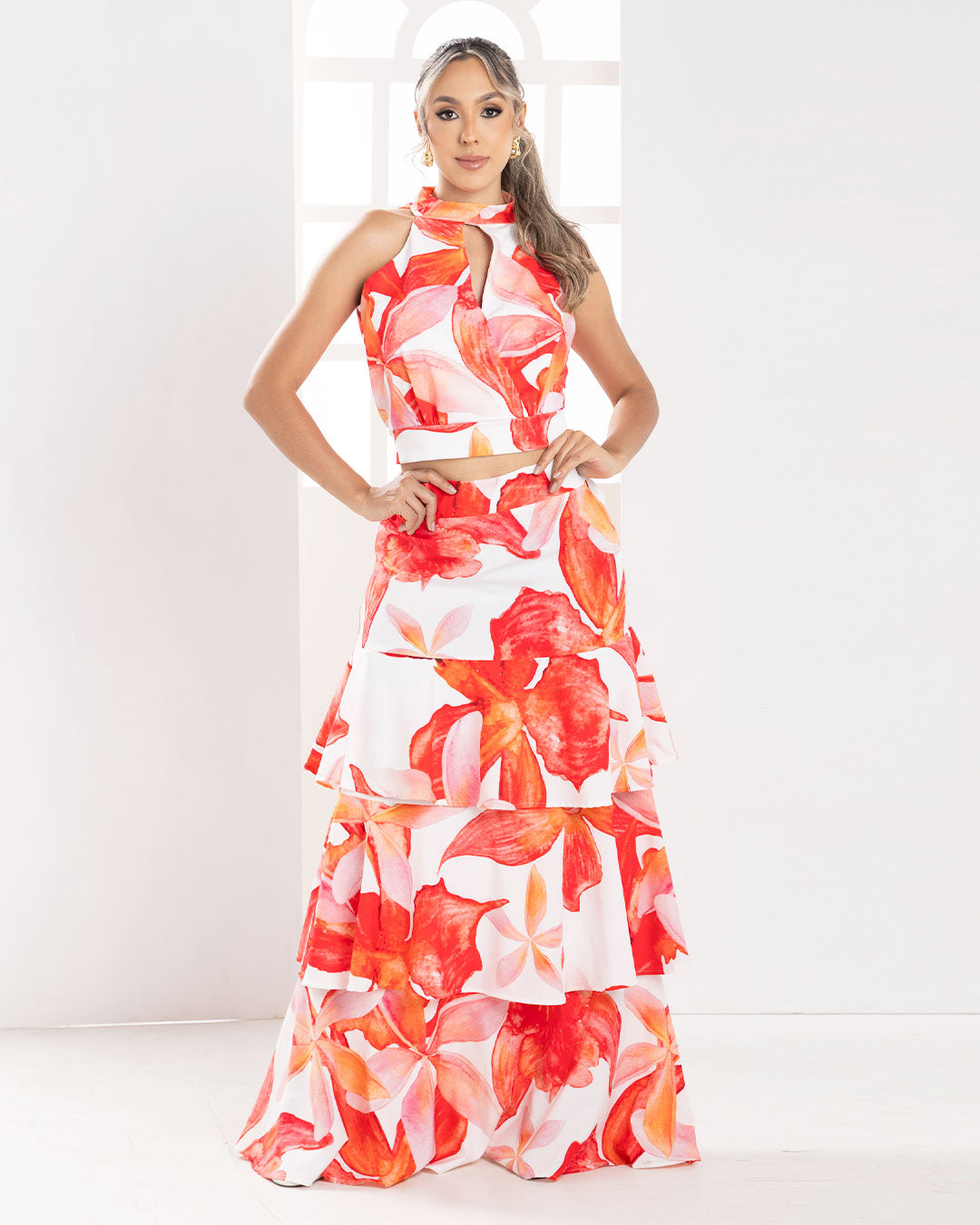 P74542 CONJUNTO FALSO CHALIS MARFIL ESTAMPADO