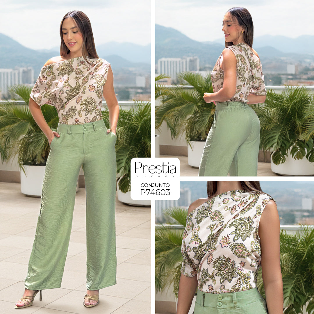 P74603 CONJUNTO CHIFON ESTAMPADO VERDE ESTAMPADO