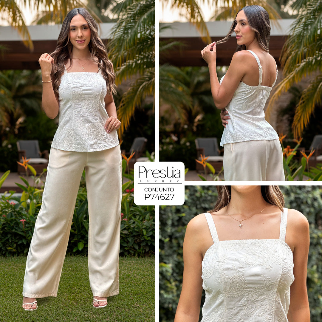 P74627 CONJUNTO LINO BORDADO MARFIL