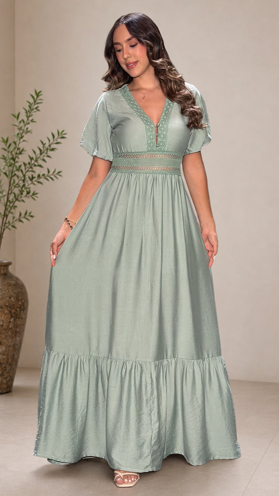 P74696 VESTIDOS LINO POLIESTER VERDE OLIVA