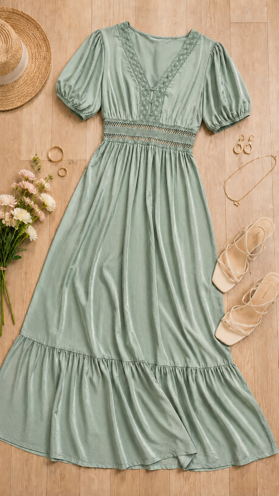 P74696 VESTIDOS LINO POLIESTER VERDE OLIVA
