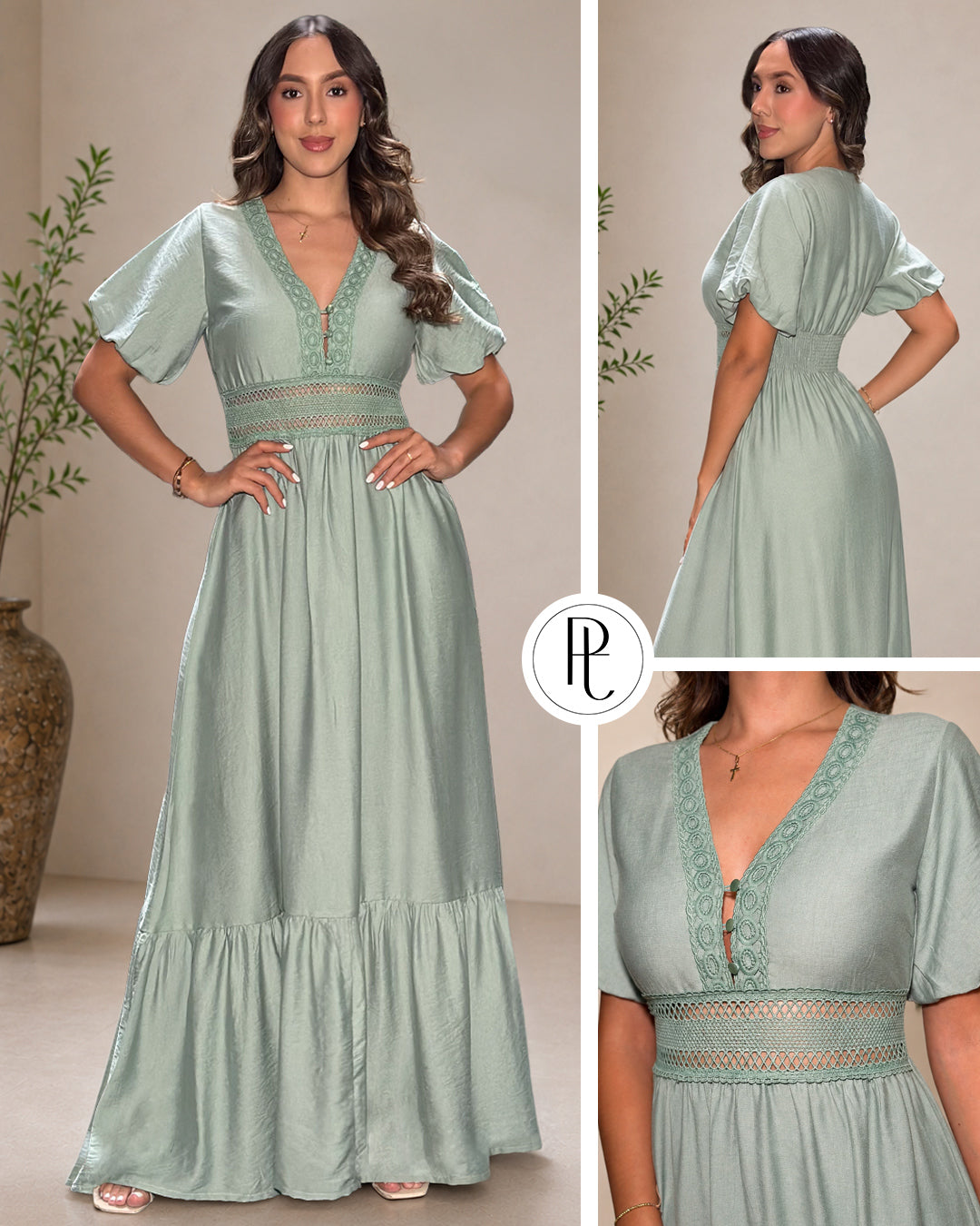 P74696 VESTIDOS LINO POLIESTER VERDE OLIVA