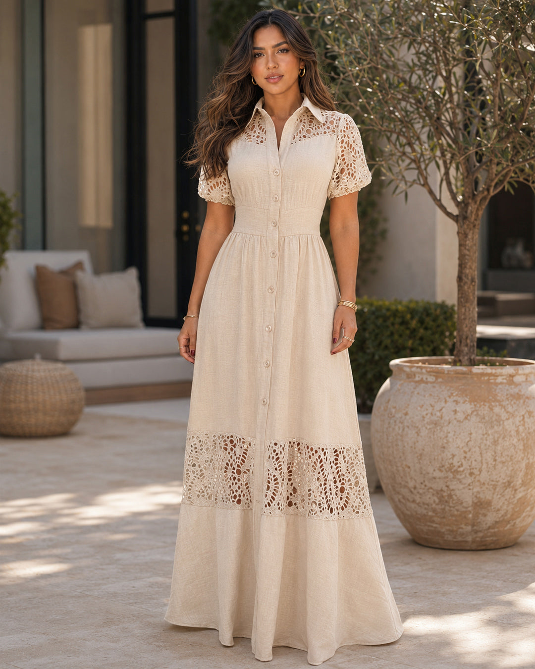 P74738 VESTIDO LINO POLIESTER MALLA CAMEL