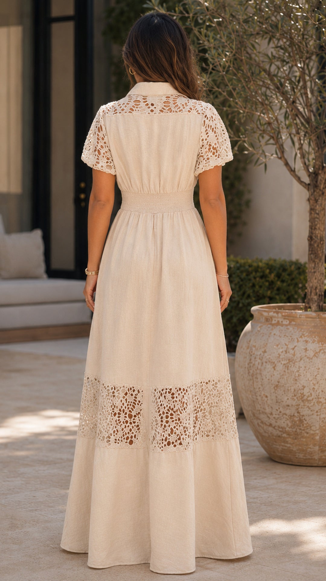 P74738 VESTIDO LINO POLIESTER MALLA CAMEL