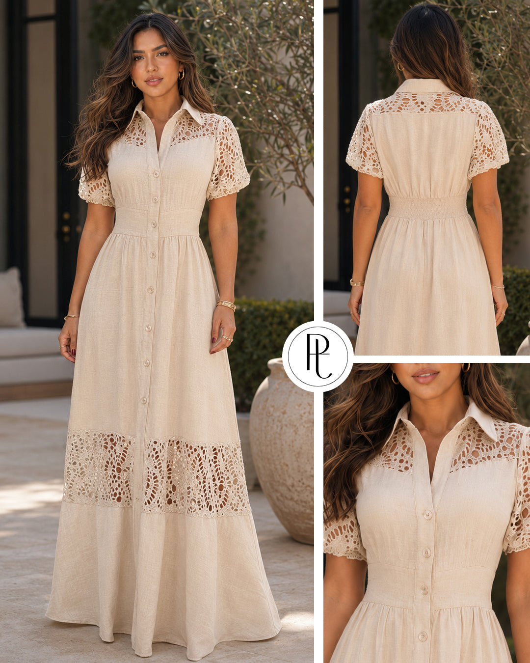 P74738 VESTIDO LINO POLIESTER MALLA CAMEL