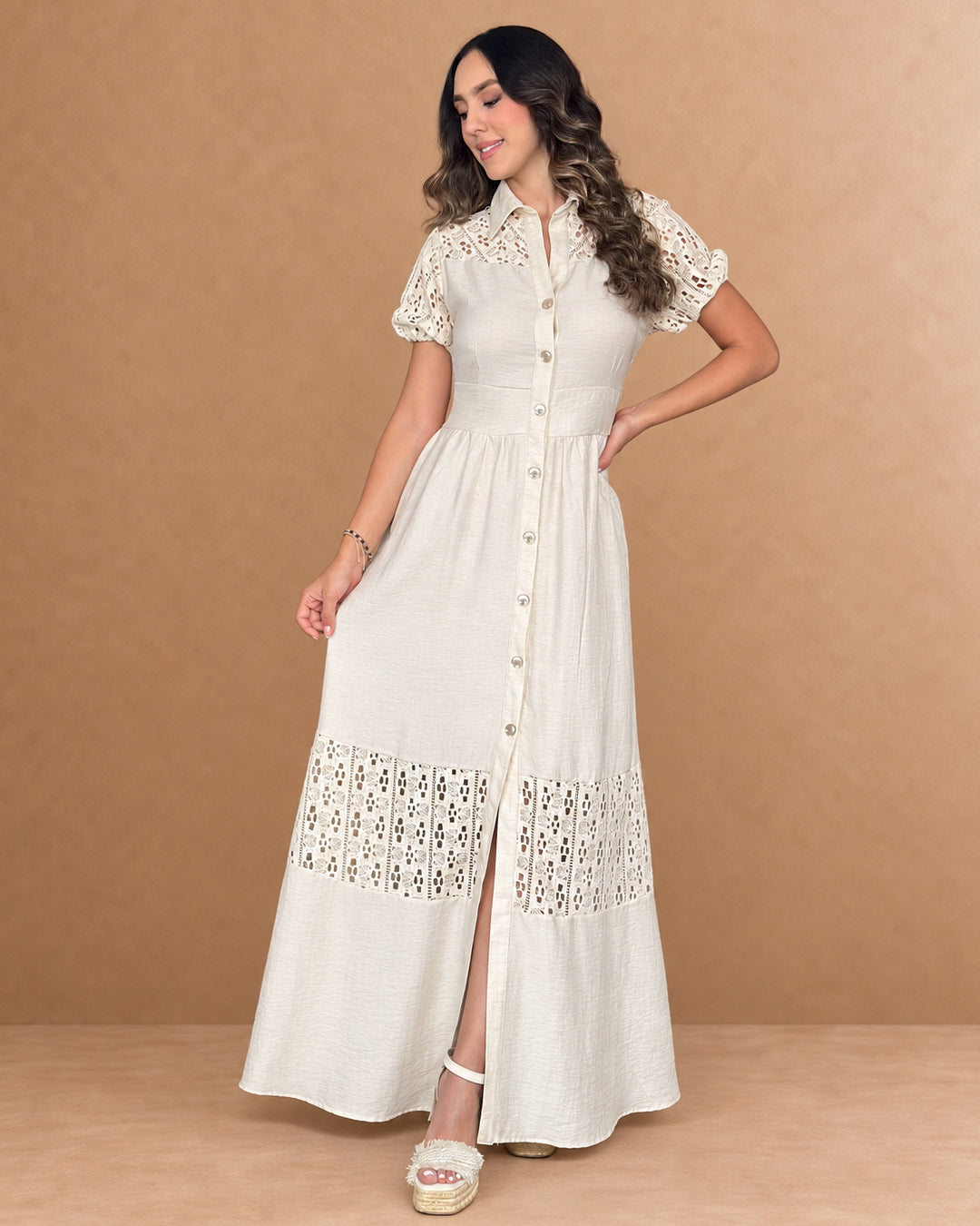P74738 VESTIDO LINO CAMEL