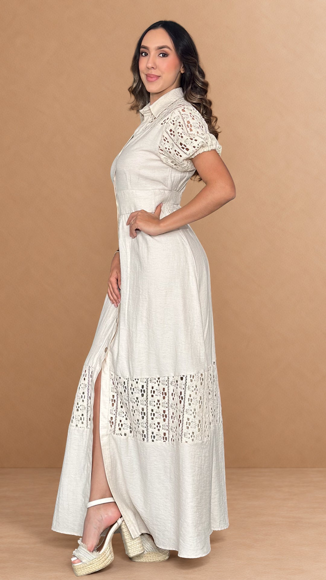 P74738 VESTIDO LINO CAMEL