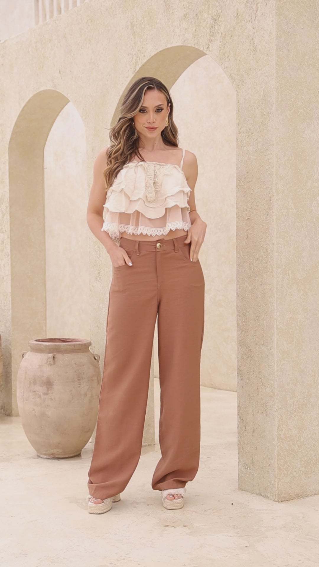 P3990 BLUSA LINO CAMEL