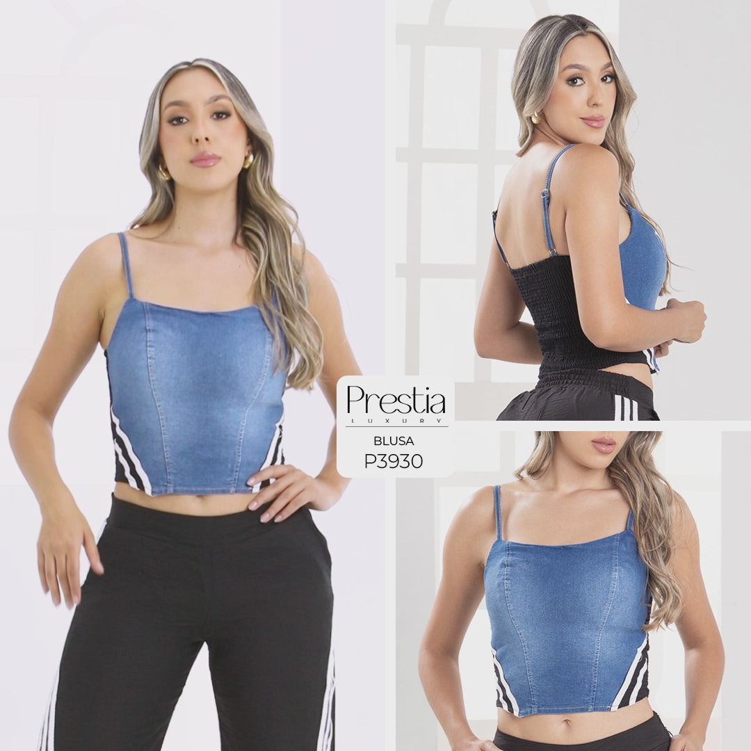 P3930 BLUSA INDIGO LIVIANO CON STRETCH AZUL
